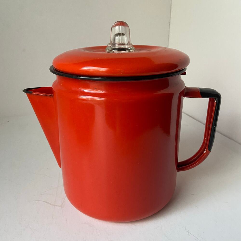 Vintage Enamelware Orange Black Coffee Pot TeaKettle Camping Off Grid Percolator
